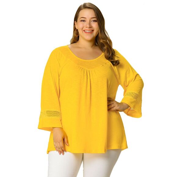 Women's Plus Size Crochet Panel Kimono Raglan Sleeves Tops Yellow - Picture 1 of 6